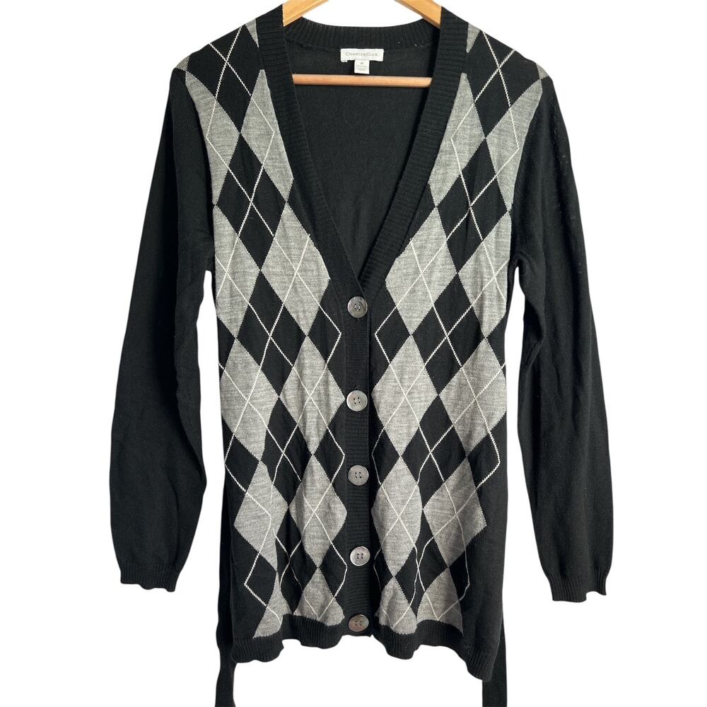 Charter Club Women’s Size Medium 100%‎ Wool Argyle Cardigan With Tie